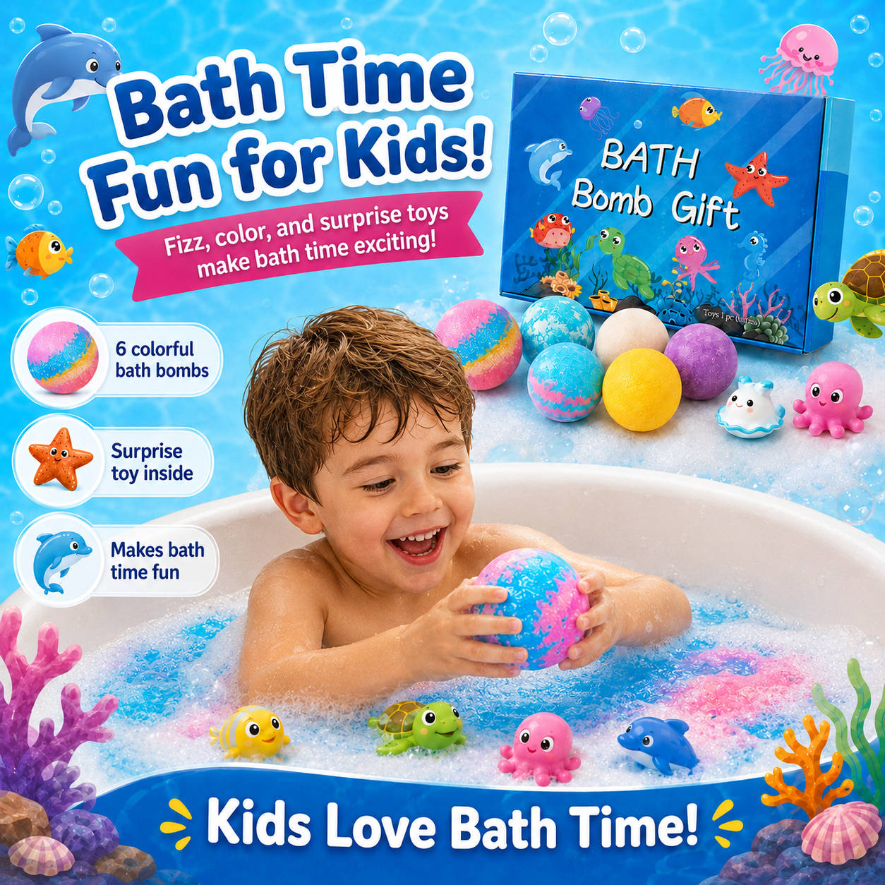 Magic Rainbow Bath Bombs for Kids with Surprise Toy Inside (6-Pack) – Organic & Skin-Safe
