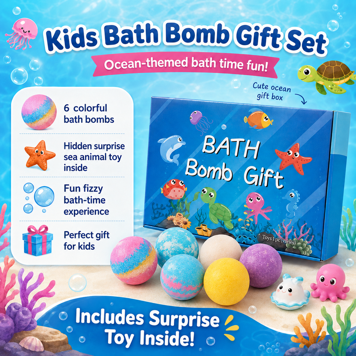 Magic Rainbow Bath Bombs for Kids with Surprise Toy Inside (6-Pack) – Organic & Skin-Safe